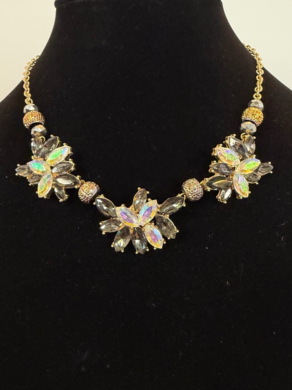 Gold Crystal Floral Statement Necklace - Iridescent & Smoke Stones
